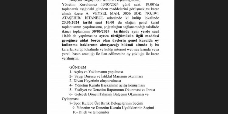 ATAŞEHİR DUĞUŞ SPOR 17.OLAĞAN GENEL KURUL İLANI